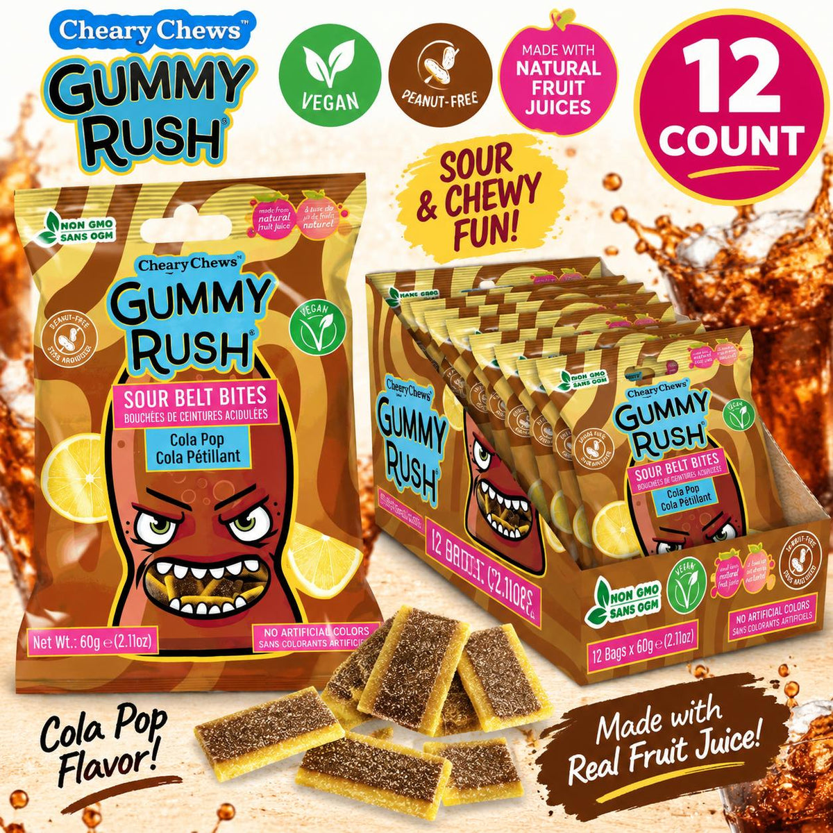INFIN8 Gummy Rush Mini Sour Belt Bites, Cola Pop Flavor, 2.11 oz, 12 Count Chewy Soft Sweet Sour Candies