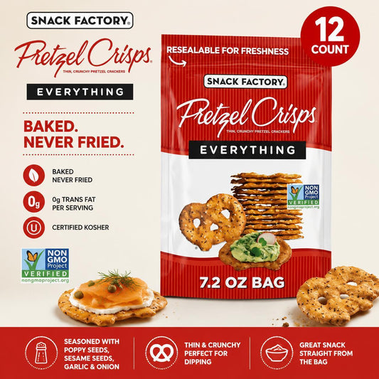 Snack FactorySnack Factory Pretzel Crisps Everything Bagel 7.2 oz 12 Count Crunchy Pretzel Snack Crackers