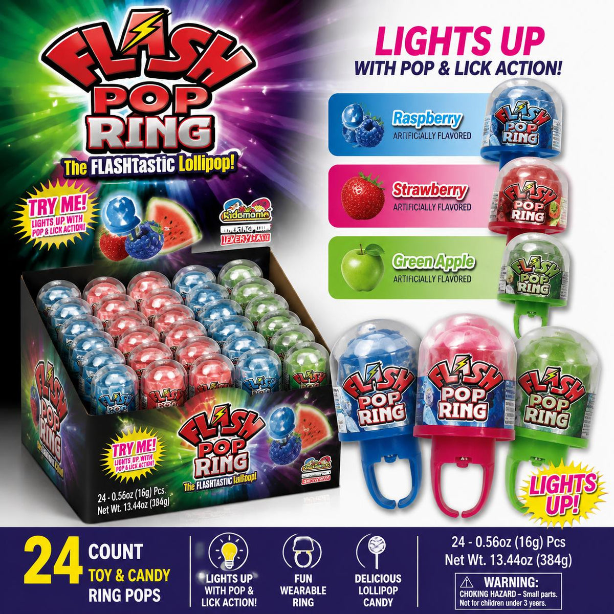 Kidsmania Flash Pop Ring Wearable Lollipop Candy, 0.56 oz, 24-Count Toy Tray - Sweet Flavor Snacks for Birthday Snack Ideas