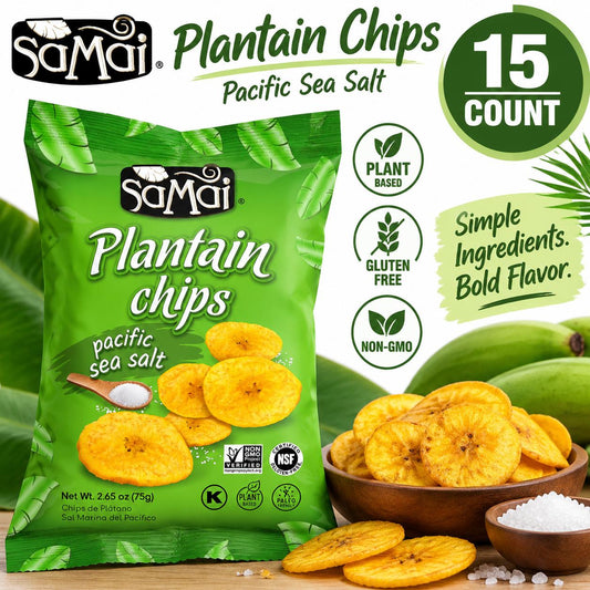 SAMAI Plantain Chips Pacific Sea Salt 2.65 oz 15 Count Case Crunchy Tropical Snack