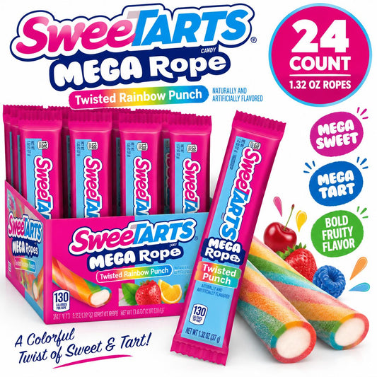 SweeTARTS Mega Ropes Twisted Rainbow Punch Soft Tangy Fruity Chewy Candies, 1.32oz, 24-Count Snack Pack