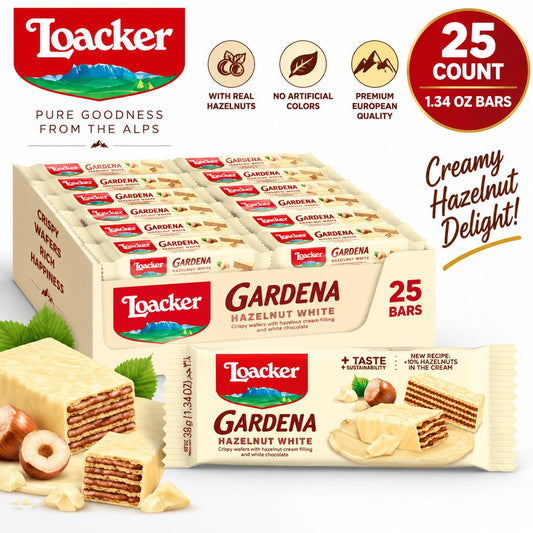 Loacker Gardena White Hazelnut Wafer Cookies with Cream Filling, 1.34 oz, 25-Count Italian Snack