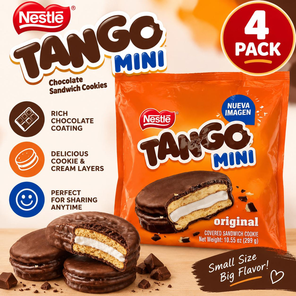 Nestle Tango Mini Chocolate Sandwich Cookies, 4 Packs (10.55 oz Total), Chocolate Creme Biscuit Snack