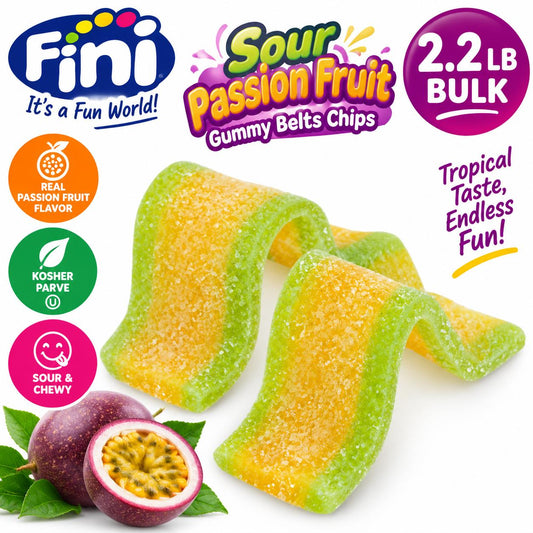 Fini Sour Passion Fruit Gummy Belts Chips, 2.2 lb Bulk Kosher Parve Sour Candy Snacks for Adults