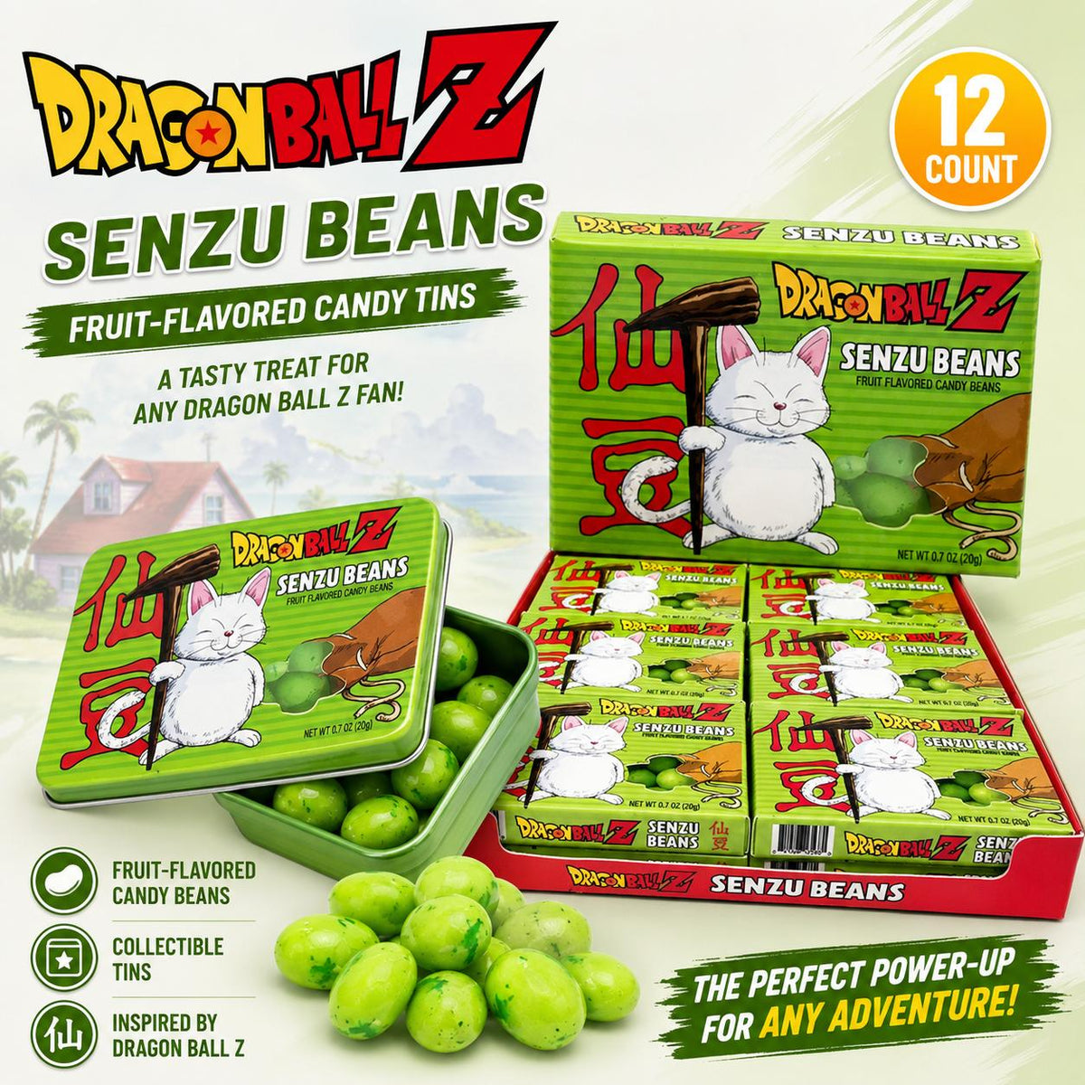 Boston America Dragon Ball Z Senzu Beans Fruit-Flavored Candy, 12-Count Sugar-Made Collectible Anime-Inspired Snack Tins