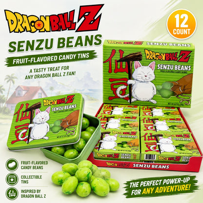 Boston America Dragon Ball Z Senzu Beans Fruit-Flavored Candy, 12-Count Sugar-Made Collectible Anime-Inspired Snack Tins