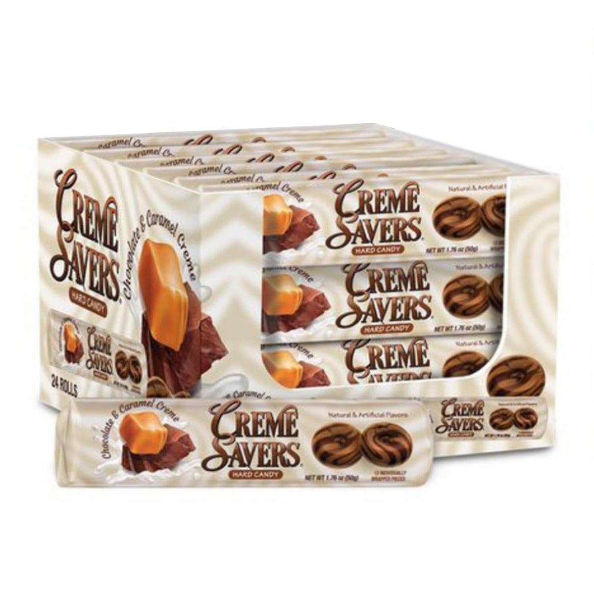 Creme Savers Chocolate&Caramel Flavor Hard Candies - 1.76 oz, 24-Count Tray Packaging, Sweet Snack for Daily Enjoyment
