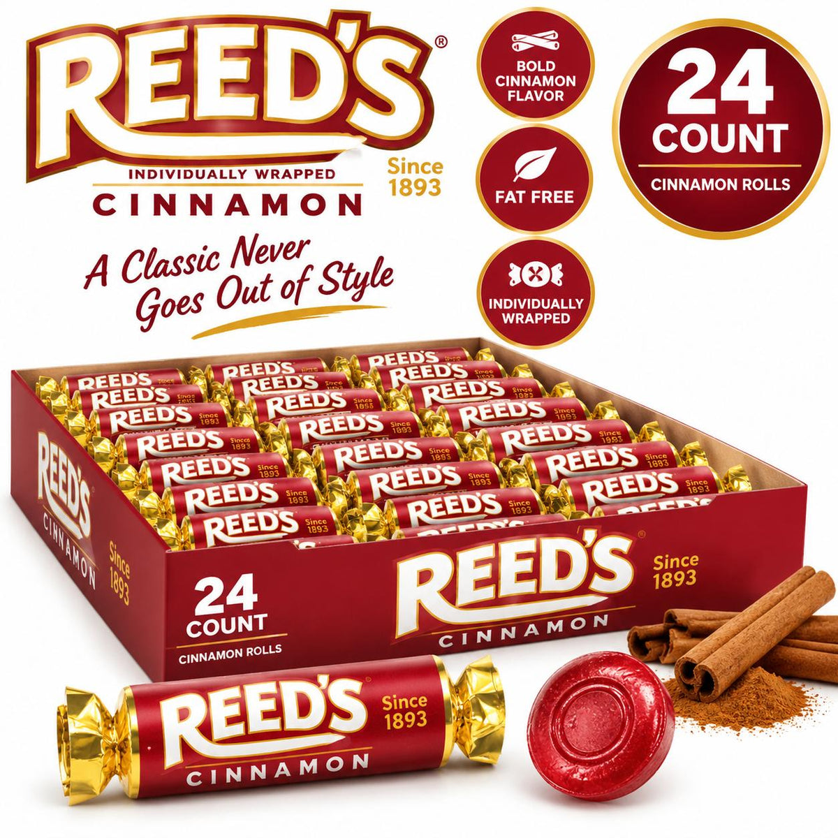 Reeds Cinnamon-Flavored Hard Candy, 24-Count Tray Pack