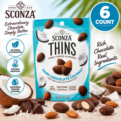 Sconza Thins Dark Chocolate Coconut Almond Snack 5 oz 6 Count Peg Bag Premium Chocolate Candy
