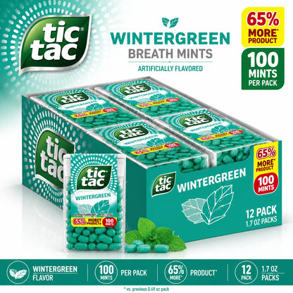 Tic Tac Wintergreen Breath Mints - 1.7oz 12-Pack Pocket-Size Fresh Breath Candy for Everyday Use