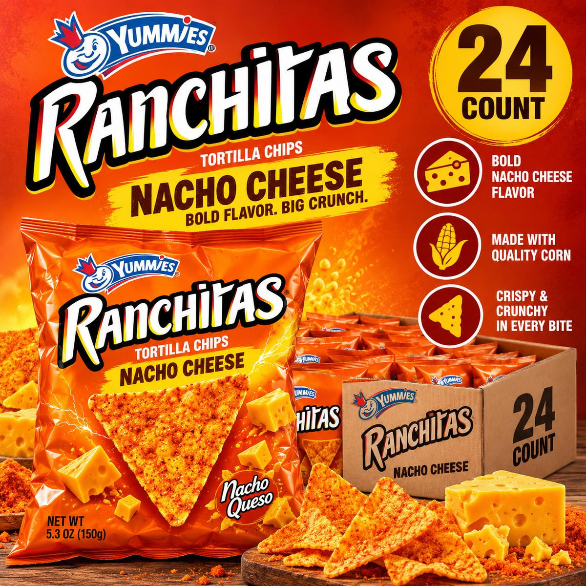 Yummies Ranchitas Nacho Cheese Tortilla Chips, 5.3oz Crispy Savory Flavor Snack Bags, 24 Count Crunchy Snack Chips