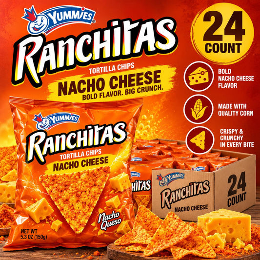 Yummies Ranchitas Nacho Cheese Tortilla Chips, 5.3oz Crispy Savory Flavor Snack Bags, 24 Count Crunchy Snack Chips