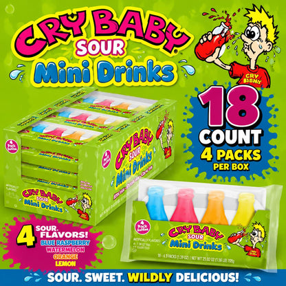 Cry Baby Sour Mini Drink Candy Boxed Set - 4 Small Packs, 18 Count Total, Sweet & Sour Party Treats, Novelty Snacks