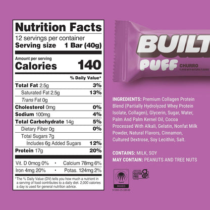 ThayerBUILT Puff Protein Bar, Churro Flavor, 1.41oz, 12 Bars, Box Packaging, Individually Wrapped Crispy Texture On-the-Go Snack