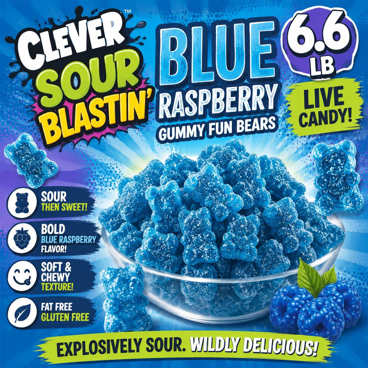 Clever Sour Blastin Blue Raspberry Gummy Fun Bears 6.6 lb  Sour Gummy Bears Candy | Bulk Chewy Candy for Parties & Candy Buffets