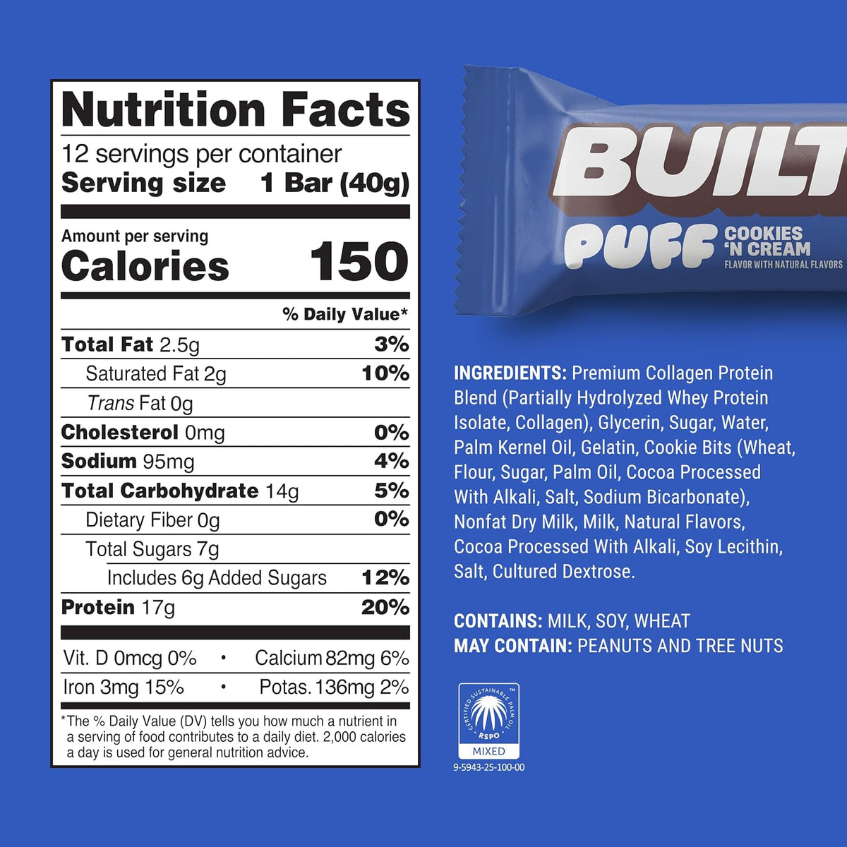ThayerBUILT Puff Protein Bar Cookies 'N Cream 1.41 oz 12 Count  Crispy Protein Snack Bars | Creamy Cookies Flavor On-the-Go Treats