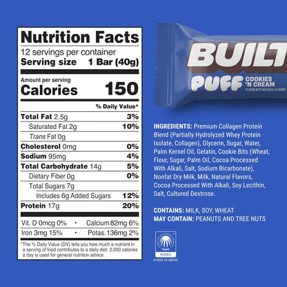 ThayerBUILT Puff Protein Bar Cookies 'N Cream 1.41 oz 12 Count  Crispy Protein Snack Bars | Creamy Cookies Flavor On-the-Go Treats