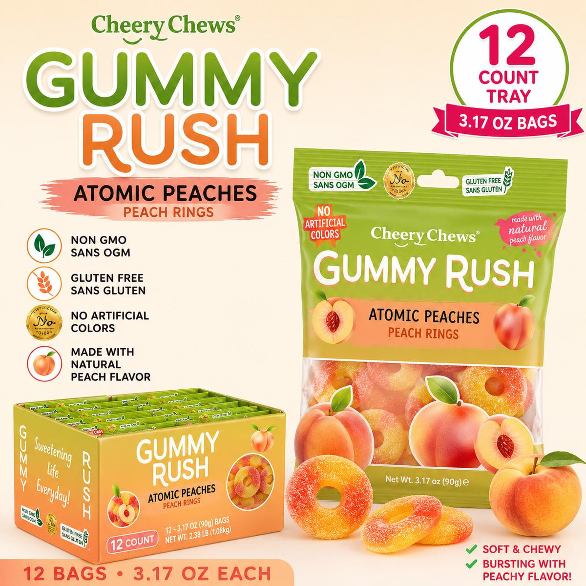 INFIN8 Gummy Rush Atomic Peach Rings Candy - 3.17 oz, 12 Count, Soft, Sweet, Sugar-Infused Fruity Chewy Snacks, On-the-Go Treats, Peach Rings Fruit & Chewy