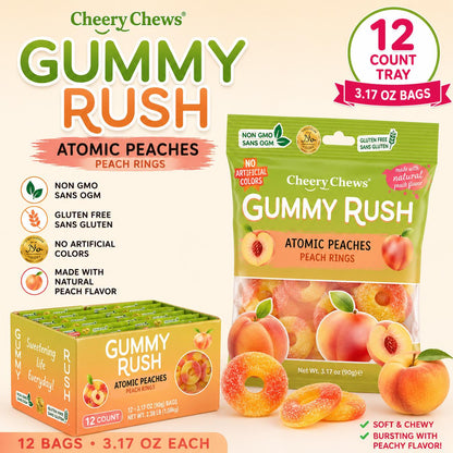 INFIN8 Gummy Rush Atomic Peach Rings Candy - 3.17 oz, 12 Count, Soft, Sweet, Sugar-Infused Fruity Chewy Snacks, On-the-Go Treats, Peach Rings Fruit & Chewy