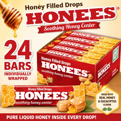 Honees Honey Eucalyptus Cough Drops - 24 Count Sugar-Base Herbal Flavor Candy, Individually Wrapped Single Drops for Throat Relief, Box Pack Soothing Treat