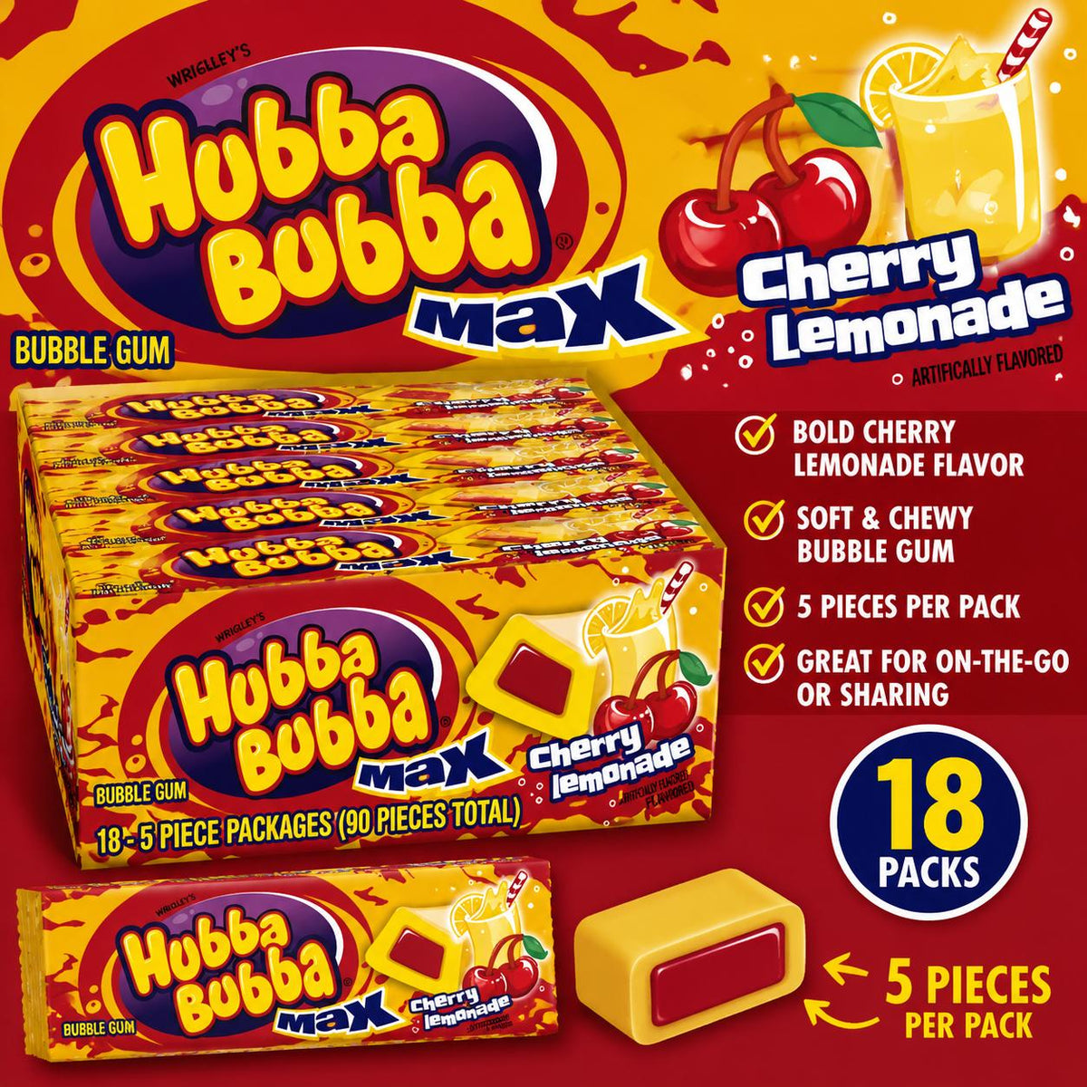 Hubba Bubba Max Cherry Lemonade Bubble Gum Snacks, 18-Count Fruity Chewing Gum Packs