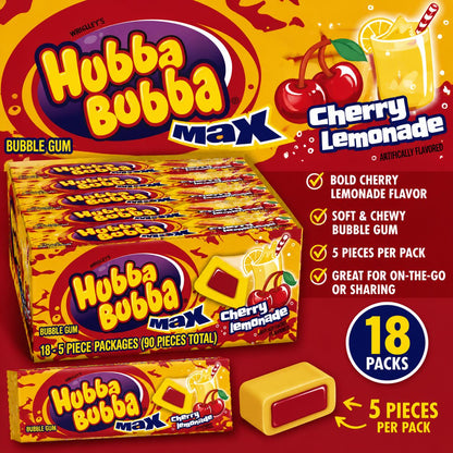 Hubba Bubba Max Cherry Lemonade Bubble Gum Snacks, 18-Count Fruity Chewing Gum Packs