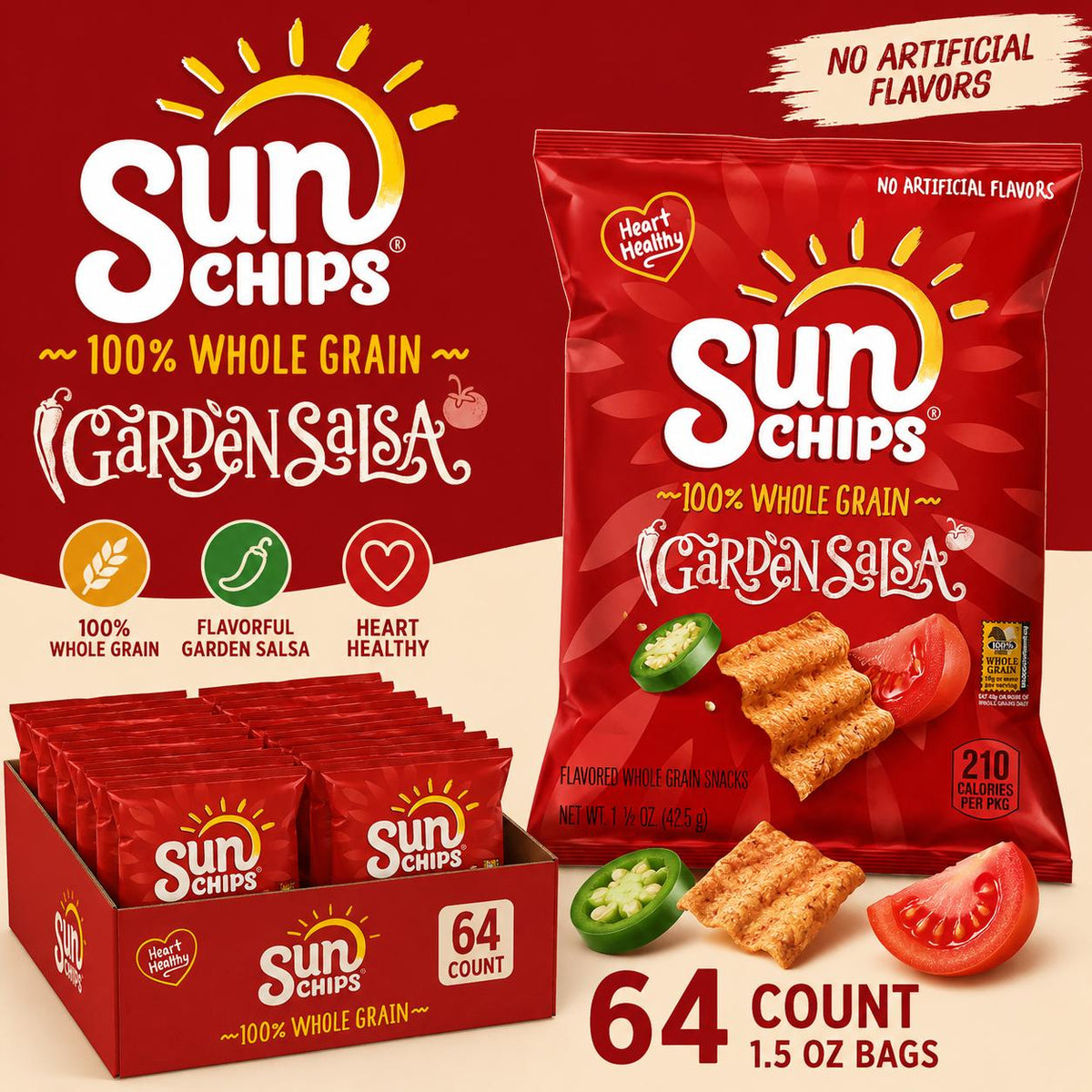 SunChips Garden Salsa Multigrain Chips, 1.5oz Bagged Individual Snack Bags, 64 Count