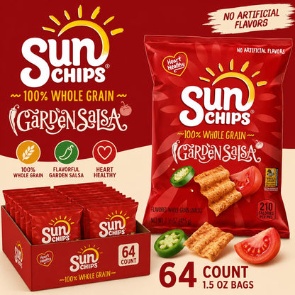 SunChips Garden Salsa Multigrain Chips, 1.5oz Bagged Individual Snack Bags, 64 Count