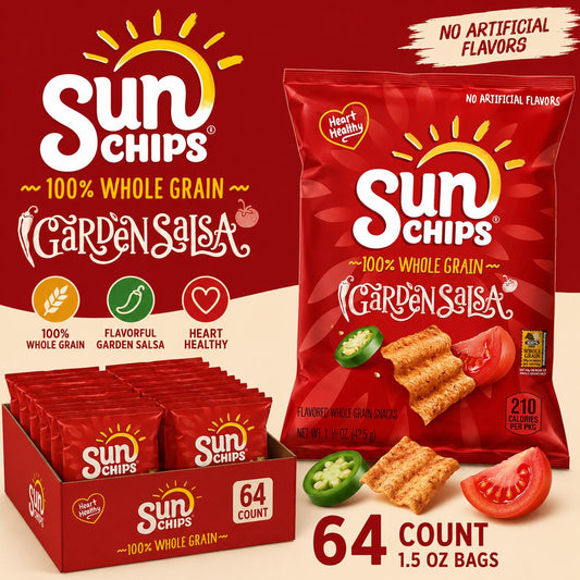 SunChips Garden Salsa Multigrain Chips, 1.5oz Bagged Individual Snack Bags, 64 Count