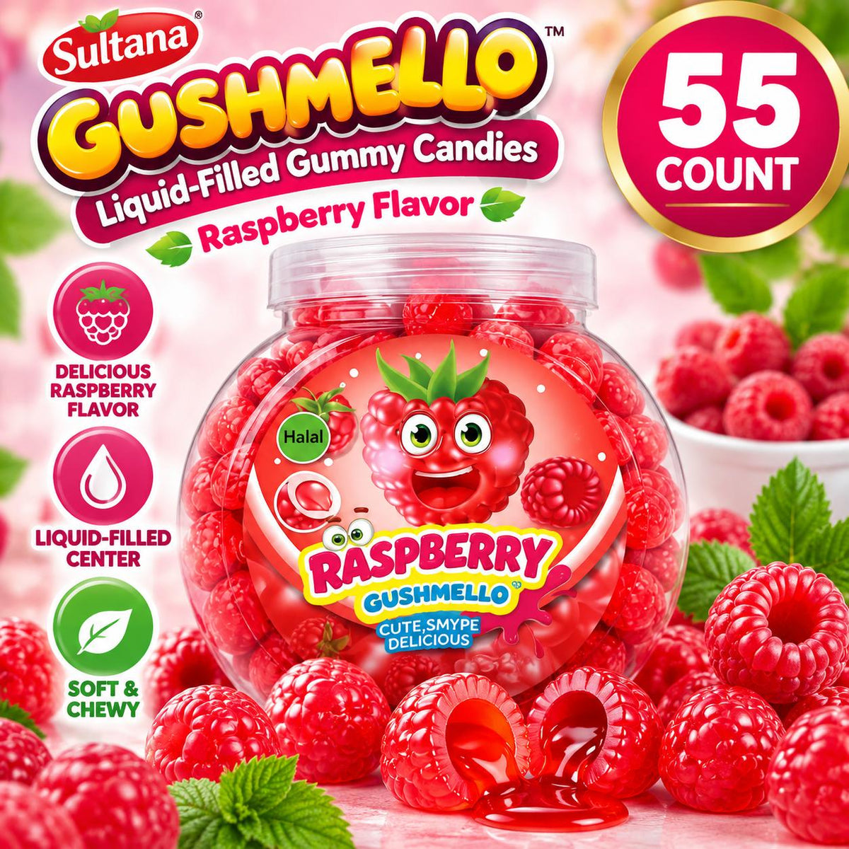 Gushmello Liquid Filled Raspberry Gummy Candies Jar 55 Count Fruity Filled Gummy Candy