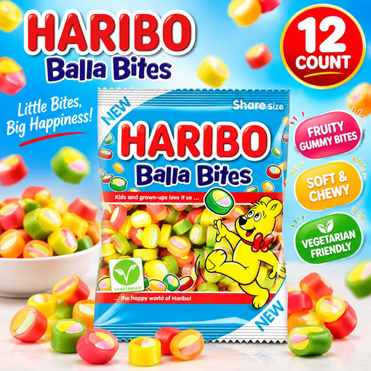 Haribo Balla Bites Gummy Candies, 4.5 oz Peg Bags (12 Pieces), Fruity Sweet Chewy Snack for Parties