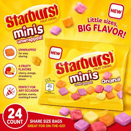 Starburst Minis Original Classic Chewy Fruit Chews, 24-Count Unwrapped Sugar-Based Sweet Bites, UK Import Bulk Share-Size Candy Bags for Parties, Snacking, Candy In Bulk