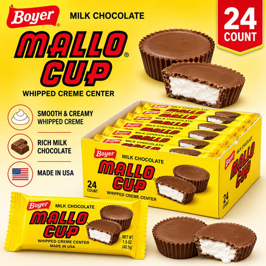 Boyer Mallo Cup Chocolate Marshmallow Cup Candy, 1.5oz, 24-Count Boxed Chocolate Whipped Cream Snacks