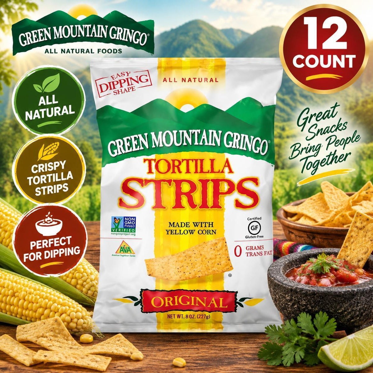 Green Mountain Gringo All Natural Ambient Crunchy Tortilla Strips, 8 oz, 12 Count Snack Chips