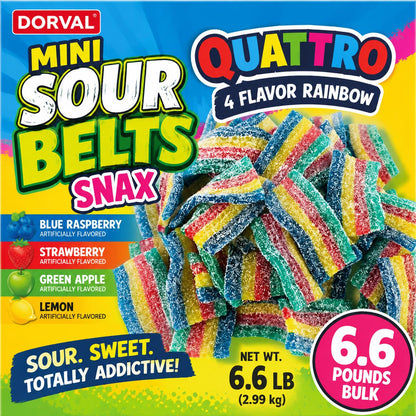 Dorval Mini Sour Belts, Quattro 4-Flavor Rainbow Mix Sugar-Based Chewy Candy Snacks, 6.6 lbs Bulk Sour Strips