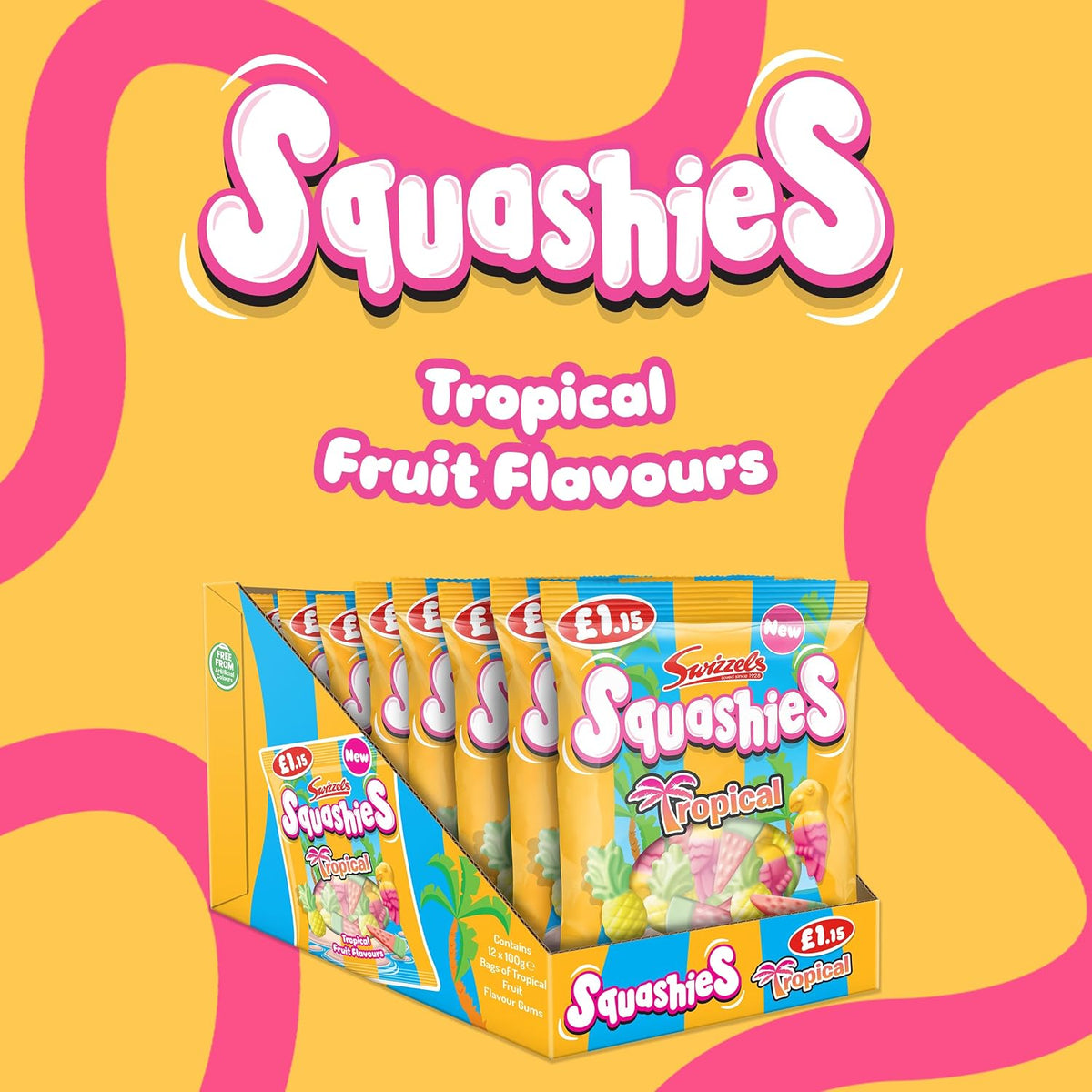 Swizzels Drumstick Squashies Tropical Fruit 100g 12 Count | Soft Chewy Gummy Candy | UK Import Fruit Flavored Sweets