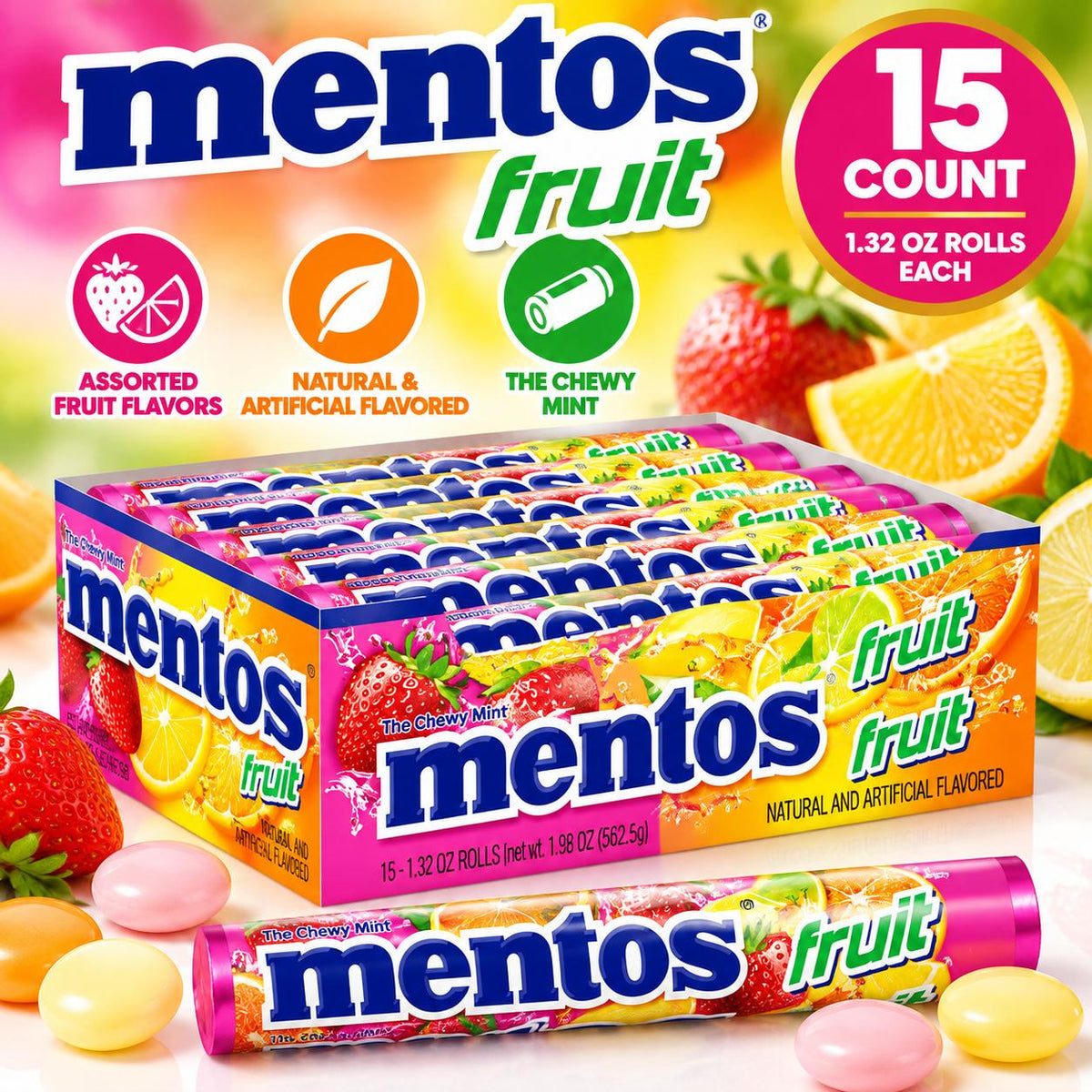 Mentos Fruit Rolls Candy 1.32 oz 15 Count Tray Fruity Chewy Candy Rolls