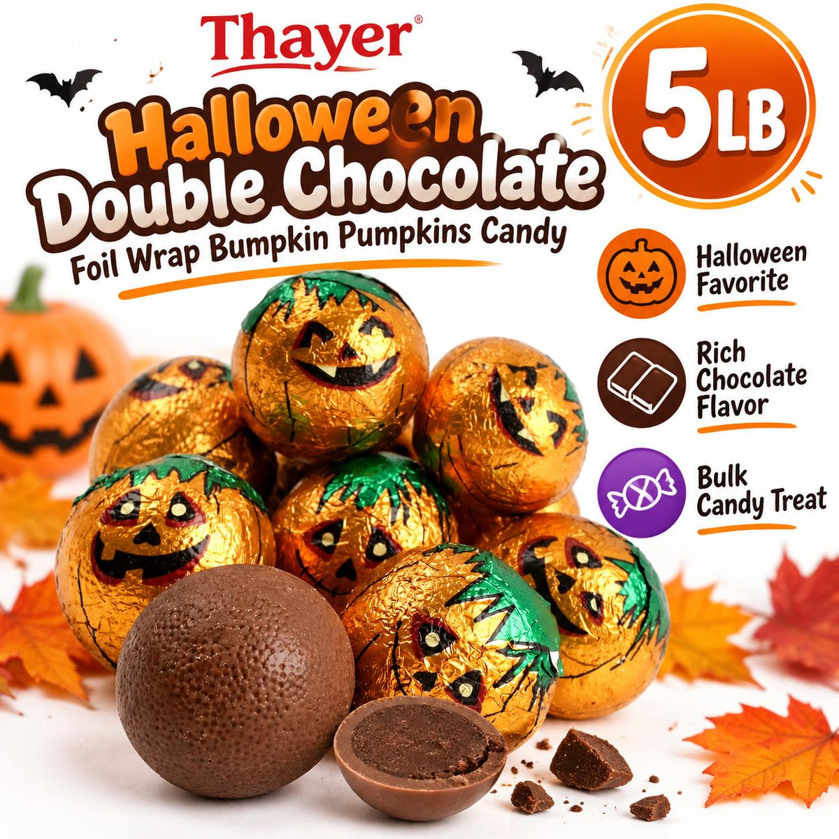Halloween Double Chocolate Foil-Wrapped Bumpkin Pumpkins Candies, 5lbs Bulk Bag Sugar Snack Chocolate Treats