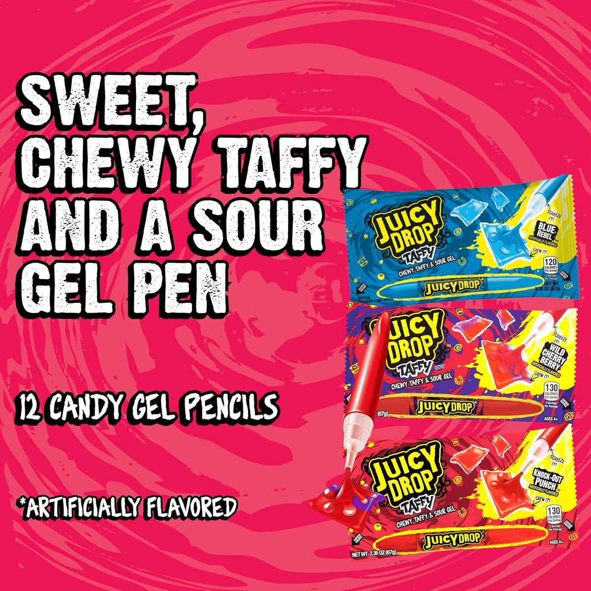 Topps Juicy Drop Taffy with Sour Gel Pen, 2.36oz Individual Packs, 16-Count Chewy Interactive Candy Treats