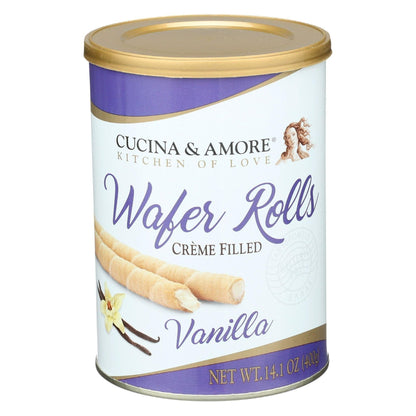 Cucina & Amore Vanilla Creme-Filled Wafer Roll Tins, 6 Count 14.1oz, Crispy Biscuit Snacks for Adults, Ambient Temp Storage