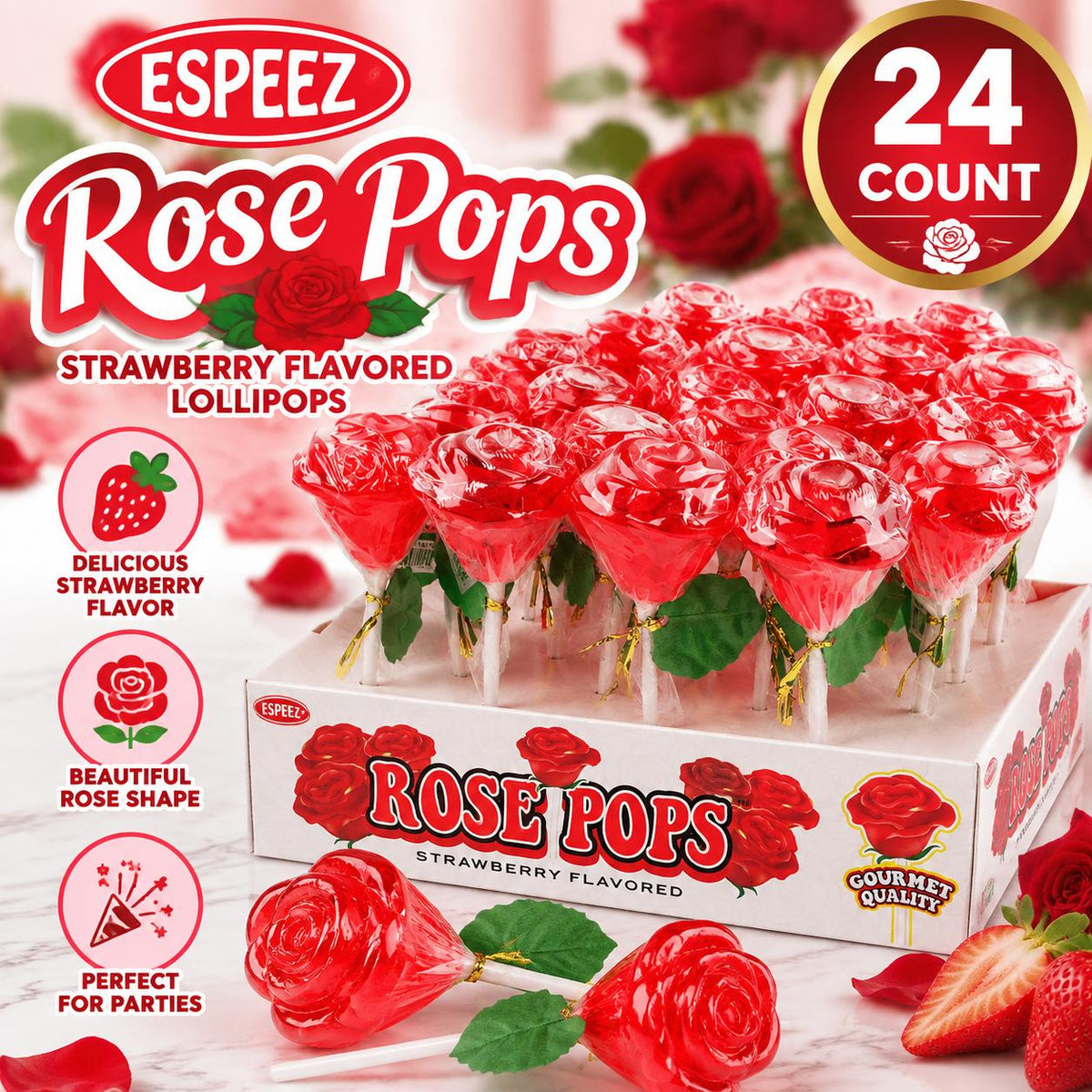 Espeez Red Rose Strawberry Sugar Lollipops, 24-Count Tray Pack, Sweet Fruit Candies, Delicious Snack