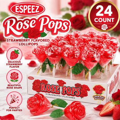 Espeez Red Rose Strawberry Sugar Lollipops, 24-Count Tray Pack, Sweet Fruit Candies, Delicious Snack