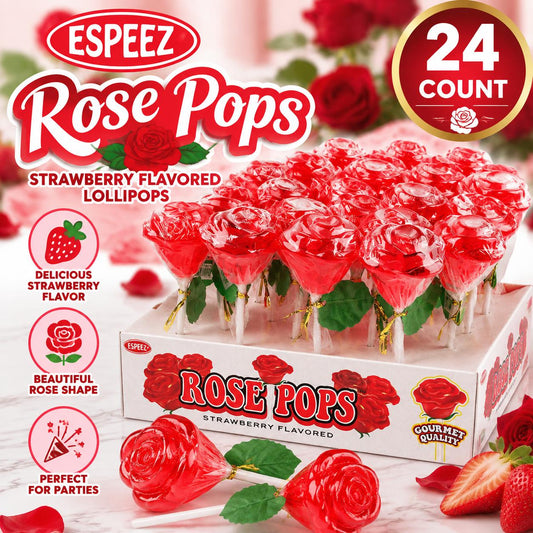 Espeez Red Rose Strawberry Sugar Lollipops, 24-Count Tray Pack, Sweet Fruit Candies, Delicious Snack