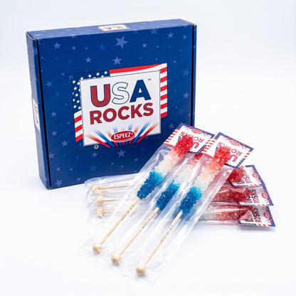 Espeez USA Red White Blue Mega Rock Candy 12 Inch 12 Count Display Patriotic Candy Sticks