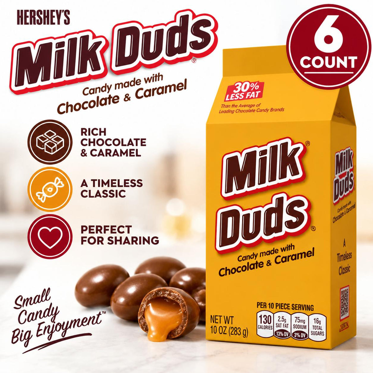 Hershey's Milk Duds Chocolate-Caramel Flavor Candies, 10 oz, 6-Count Boxed Snack Carton, Chewy Chocolate-Caramel Treats