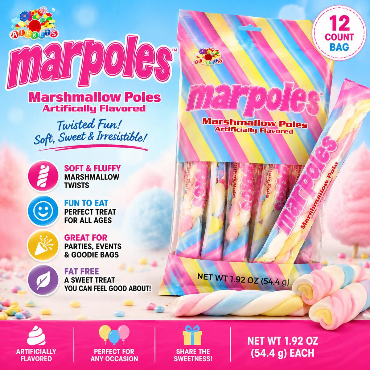 Alberts Marpoles Marshmallow Twist Poles, 12 Pieces Sugar Soft Candy Sticks, 1.91 oz, Room Temp Snack