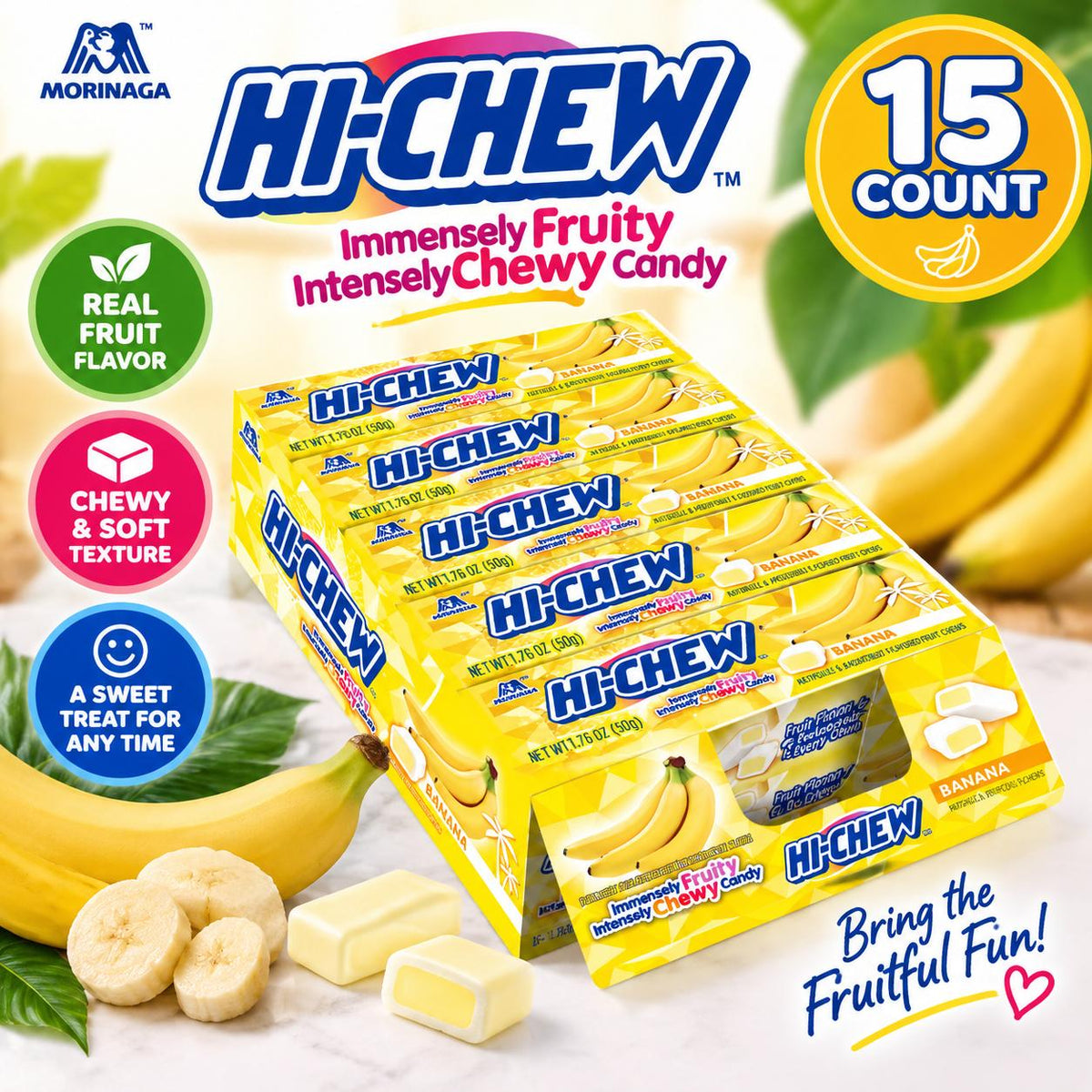 Hi Chew Banana Flavor Sweet Snack Candy 1.76 oz 15 Count Tray Japanese Chewy Candy