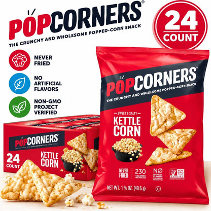 PopCorners Kettle Corn Popped Corn Snacks, 1.75 oz, 24-Count XVL Pack, Sweet and Salty Snack Bags for Ambient Temp Storage