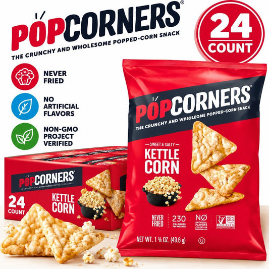 PopCorners Kettle Corn Popped Corn Snacks, 1.75 oz, 24-Count XVL Pack, Sweet and Salty Snack Bags for Ambient Temp Storage