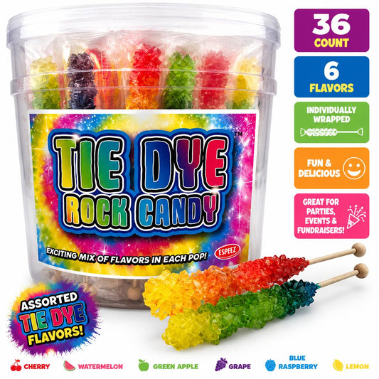 Espeez Tie-Dye Assorted Rock Candy Sticks, 36 Pieces Traditional Sweet Snack Candies, Colorful Crystal Sugar-on-a-Stick with Sugar Base for Party Favors